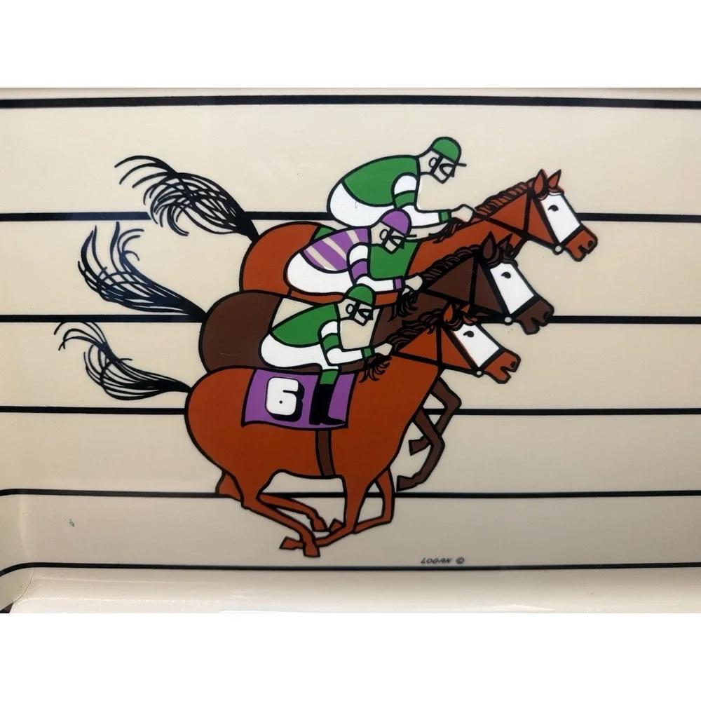 VTG Mid Century Modern Horse‎ Racing Equestrian Derby Plastic Serving Tray Logan